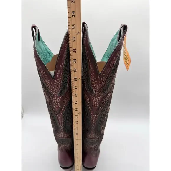 Corral Western Dark Pink Maroon Artisan Denim Embroidery OTK Stud Boot A4703 8
